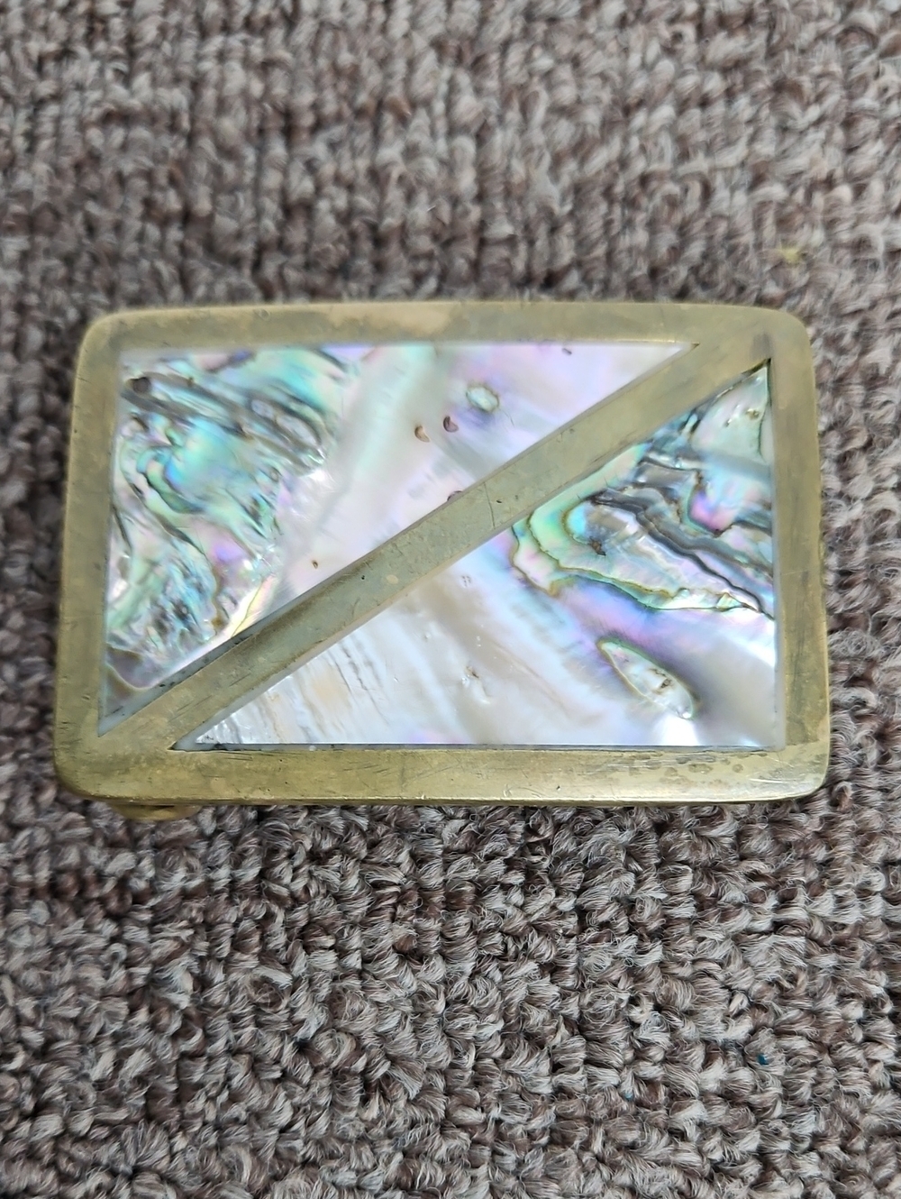 Vintage Solid Brass Abalone Shell Belt Buckle 3" x 2"